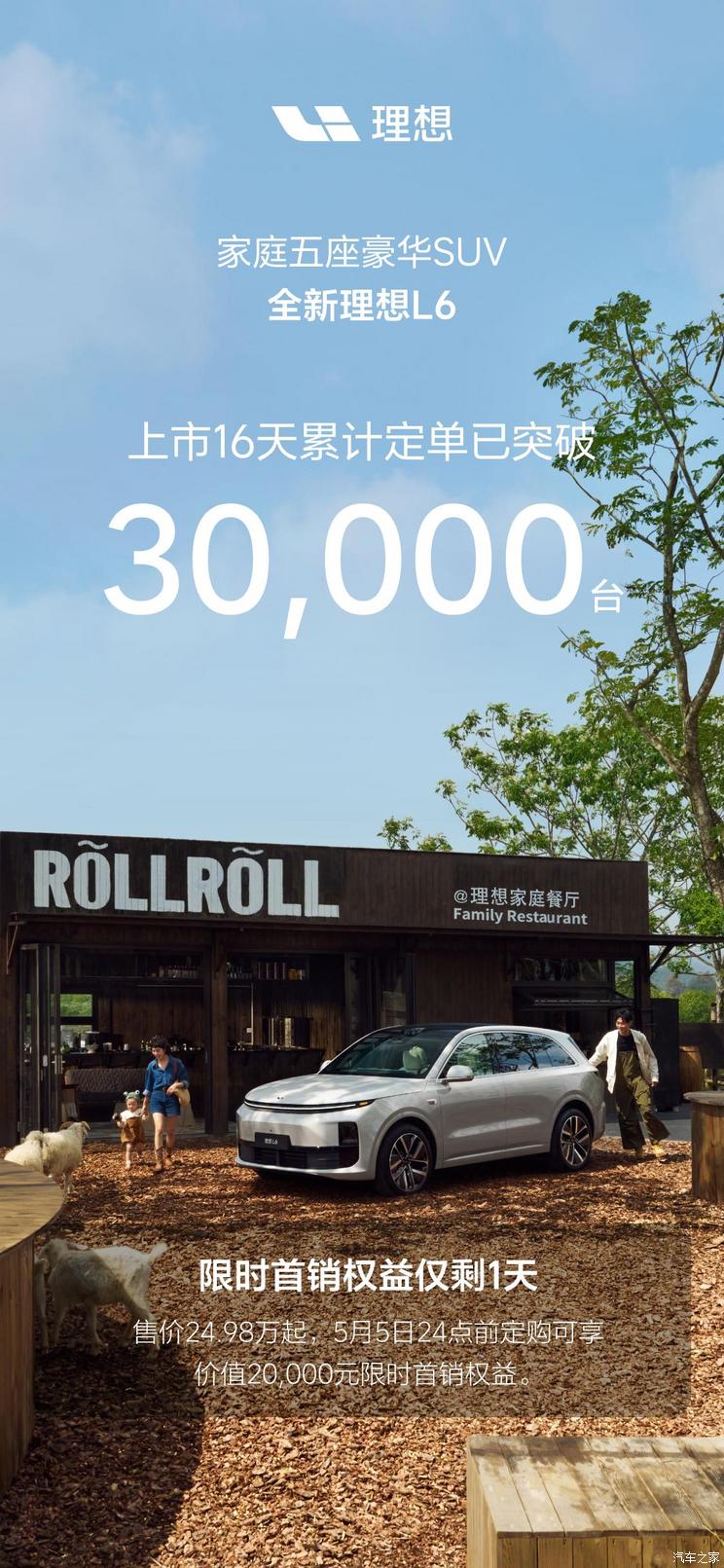 理想L6新车上市16天累计定单突破3万台